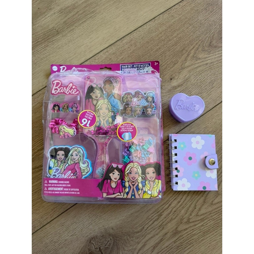 Barbie Hair Accessory Set 16pc with Votum Floral Notebook and Heart Case Pink